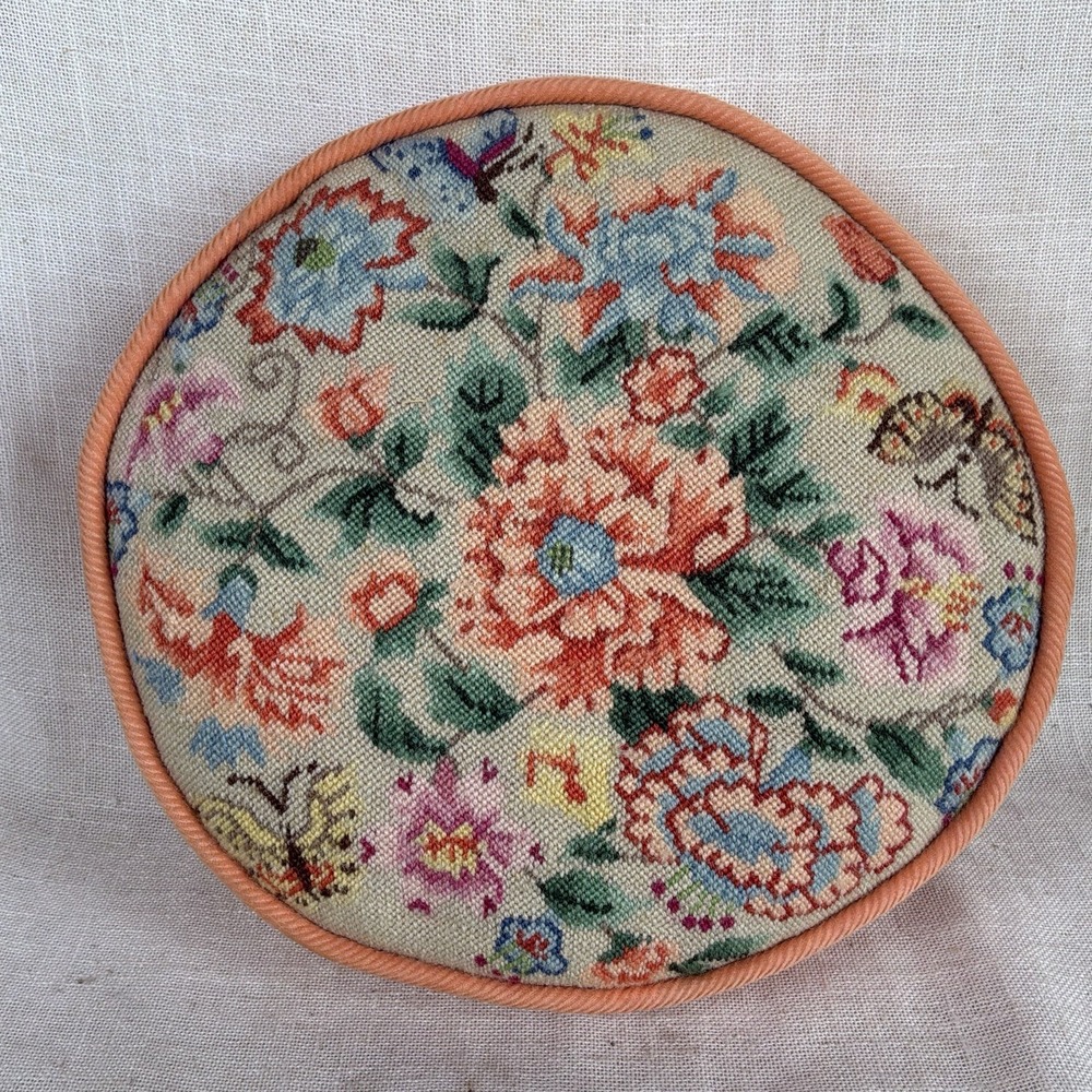 VTG Petite Needlepoint Floral Butterfly Round Throw Pillow 10" Corduroy Trim EUC